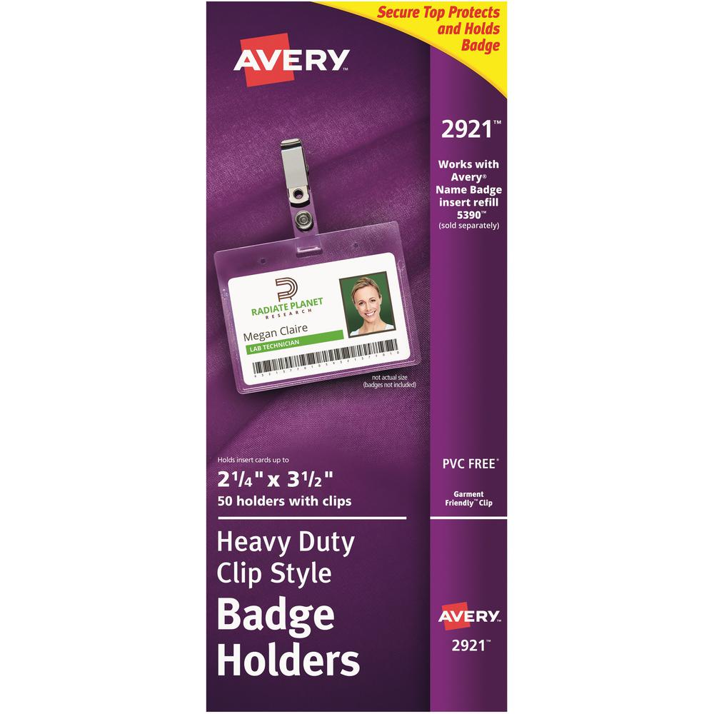 Avery&reg; Heavy-Duty Clip Style Badge Holders - Support 3.50" x 2.25" Media - Horizontal - 3.5" x 2.3" - Plastic - 50 / Box - Clear. Picture 1