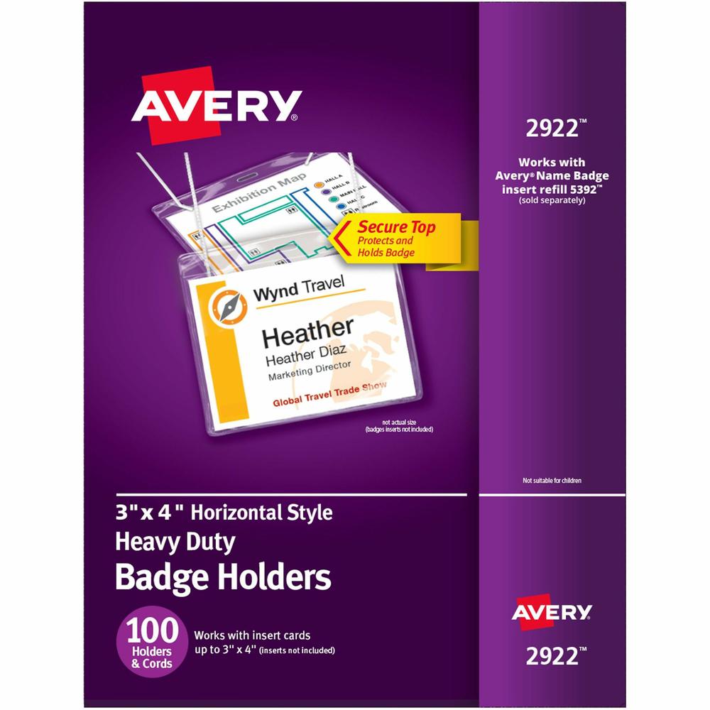 Avery&reg; Heavy-Duty Clear Hanging Style Badge Holders - Support 3" x 4" Media - Horizontal - Plastic - 100 / Box - Clear. The main picture.