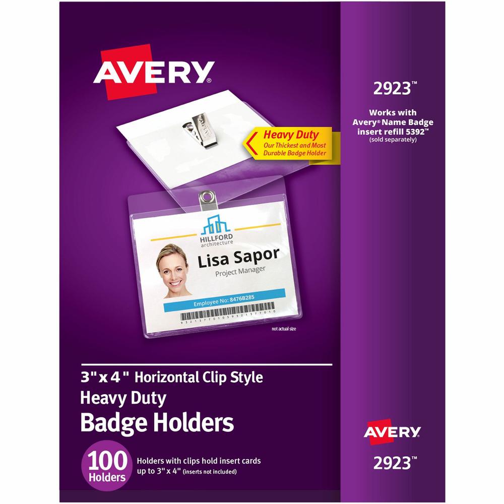 Avery&reg; Heavy-Duty Badge Holders - Clip Style - Support 3" x 4" Media - Horizontal - 4" x 3" - Plastic - 100 / Box - Clear. Picture 1