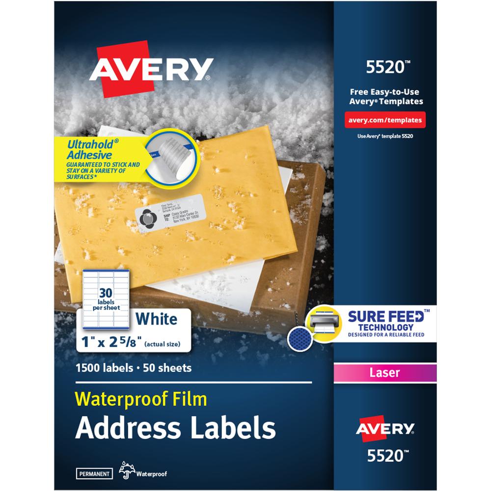 Avery&reg; Weatherproof Mailing Labels - 1" Width x 2 5/8" Length - Permanent Adhesive - Rectangle - Laser - White - Film - 30 / Sheet - 50 Total Sheets - 1500 Total Label(s) - 5. The main picture.