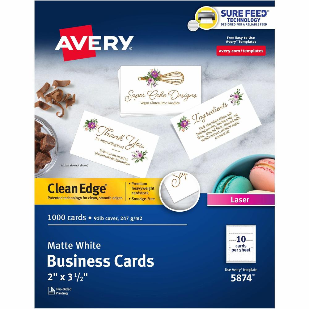 Avery&reg; Clean Edge Business Cards - 145 Brightness - 3 1/2" x 2" - 1000 / Box - Heavyweight, Rounded Corner, Smooth Edge, Jam-free, Smudge-free, Uncoated, Printable - White. Picture 1