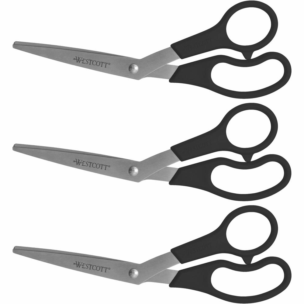 Westcott 8" All Purpose Bent Scissors - 3.50" Cutting Length - 8" Overall Length - Bent - Stainless Steel - Pointed Tip - Black - 3 / Pack. Picture 1