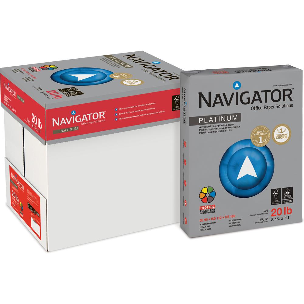 Navigator Platinum Superior Productivity Multipurpose Paper - Silky Touch - White - Letter - 8 1/2" x 11" - 20 lb Basis Weight - Smooth - 2500 / Carton - Jam-free, Chlorine-free - White. Picture 1