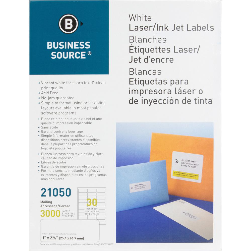 Business Source Bright White Premium-quality Address Labels - 1" Width x 2 5/8" Length - Permanent Adhesive - Rectangle - Laser, Inkjet - White - 30 / Sheet - 100 Total Sheets - 3000 / Pack - Jam-free. Picture 1
