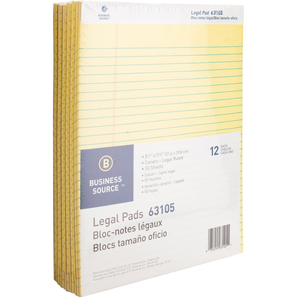 Business Source Micro-Perforated Legal Ruled Pads - 50 Sheets - 0.34" Ruled - 16 lb Basis Weight - 8 1/2" x 11 3/4" - Canary Paper - Micro Perforated, Easy Tear, Sturdy Back - 1 Dozen. Picture 1