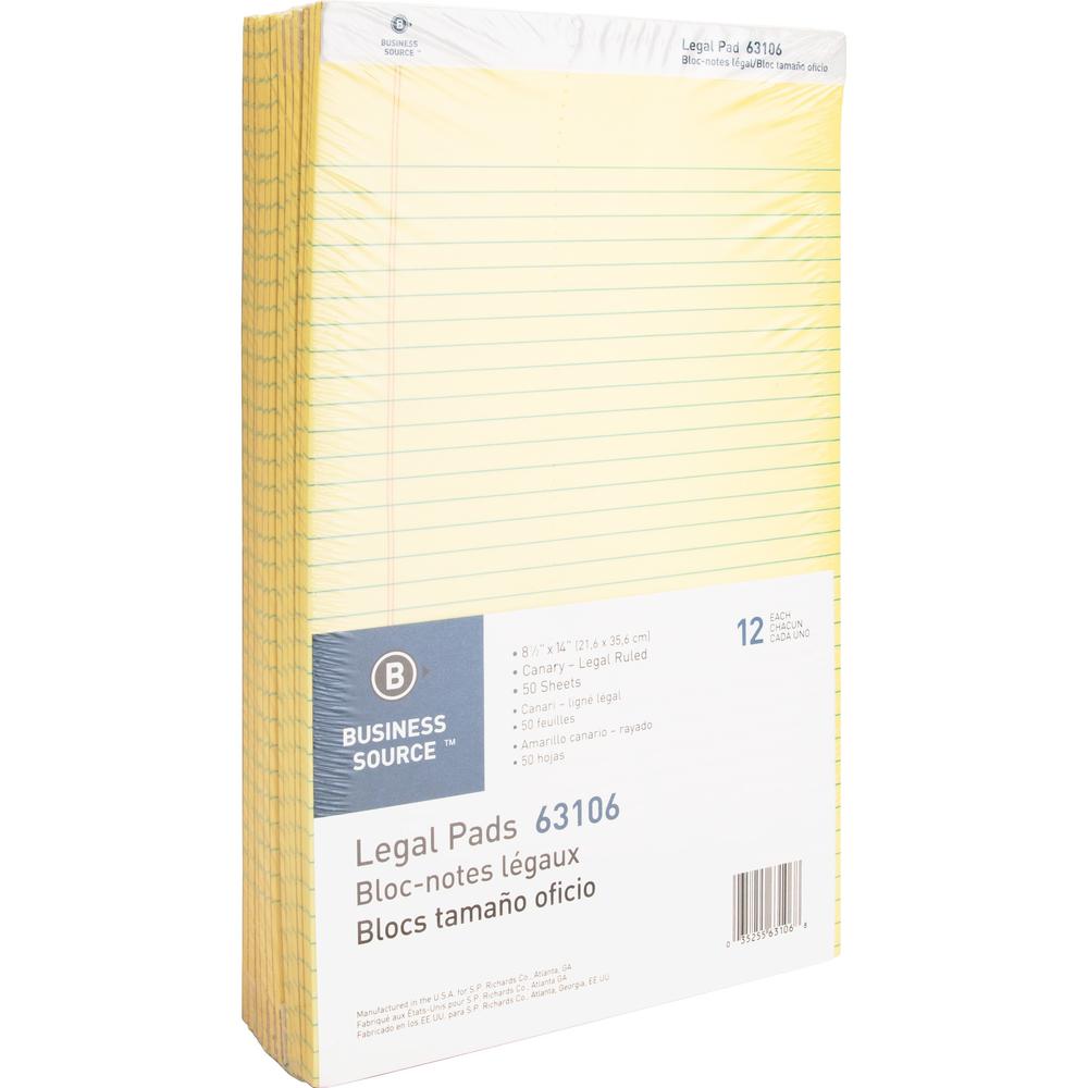 Business Source Micro - Perforated Legal Ruled Pads - Legal - 50 Sheets - 0.34" Ruled - 16 lb Basis Weight - 8 1/2" x 14" - Canary Paper - Micro Perforated, Easy Tear, Sturdy Back - 1 Dozen. Picture 1