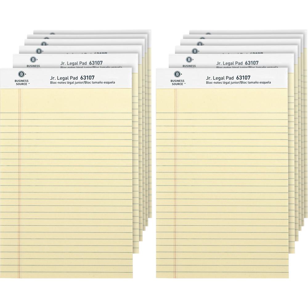 Business Source Writing Pads - 50 Sheets - 0.28" Ruled - 16 lb Basis Weight - Jr.Legal - 8" x 5" - Canary Paper - Micro Perforated, Easy Tear, Sturdy Back - 1 Dozen. Picture 1
