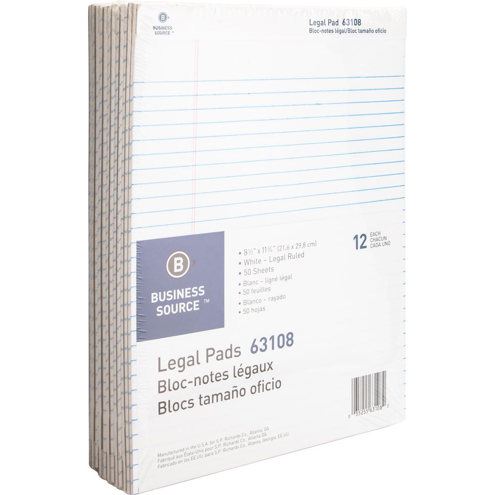 Business Source Micro-Perforated Legal Ruled Pads - 50 Sheets - 0.34" Ruled - 16 lb Basis Weight - 8 1/2" x 11 3/4" - White Paper - Micro Perforated, Easy Tear, Sturdy Back - 1 Dozen. Picture 1