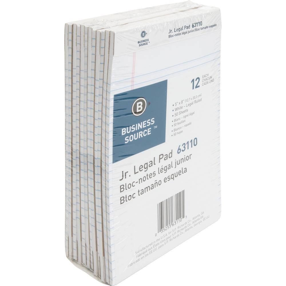 Business Source Micro - Perforated Legal Ruled Pads - Jr.Legal - 50 Sheets - 0.28" Ruled - 16 lb Basis Weight - 8" x 5" - White Paper - Micro Perforated, Easy Tear, Sturdy Back - 1 Dozen. The main picture.