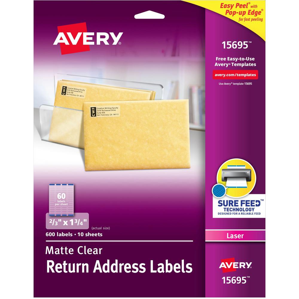 Avery&reg; Easy Peel Return Address Labels - 2/3" Width x 1 3/4" Length - Permanent Adhesive - Rectangle - Laser - Clear - Film - 60 / Sheet - 10 Total Sheets - 600 Total Label(s) - 600 / Pack. The main picture.