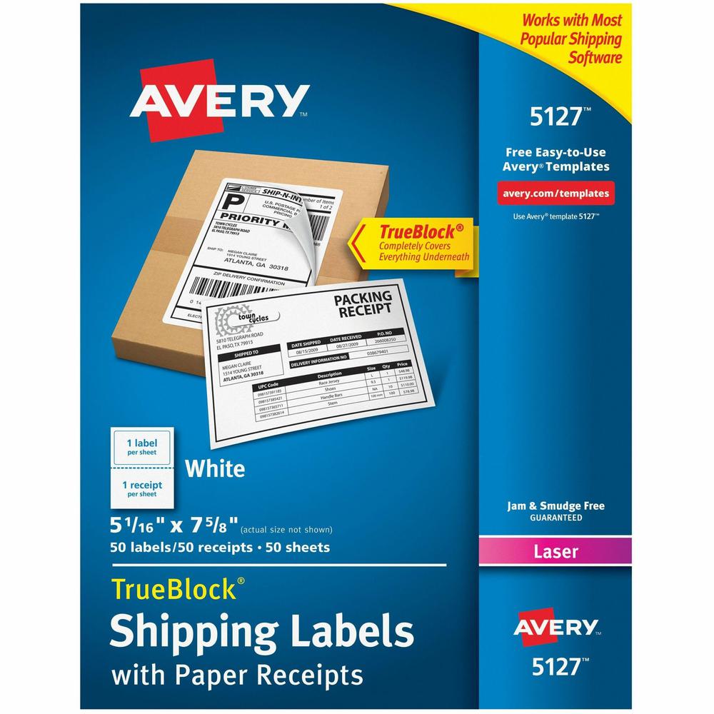 Avery&reg; Shipping Labels with Receipt, 5-1/16" x 7-5/8" , 50 Labels (5127) - 7 5/8" Length - Permanent Adhesive - Rectangle - Laser - White - Paper - 1 / Sheet - 50 Total Sheets - 50 Total Label(s) . Picture 1