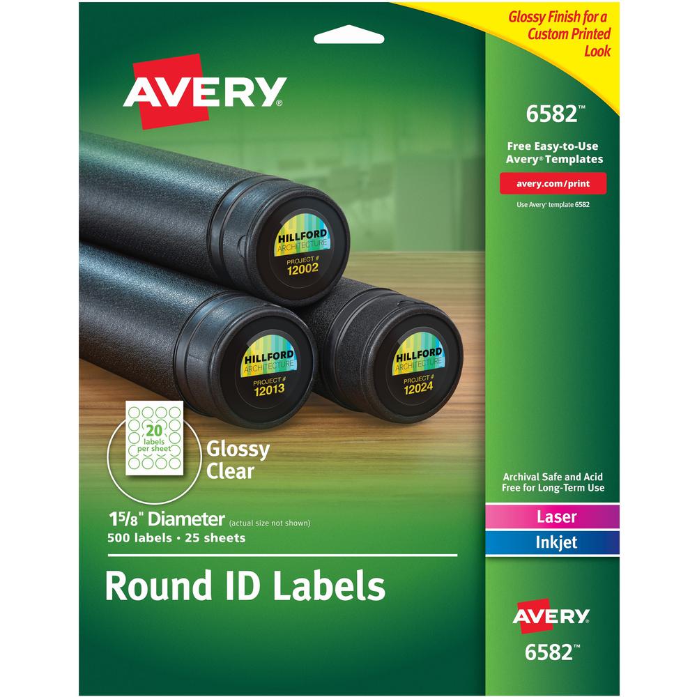 Avery&reg; Glossy Permanent Multipurpose Round Labels - - Width1 5/8" Diameter - Permanent Adhesive - Round - Laser, Inkjet - Clear - Film - 20 / Sheet - 25 Total Sheets - 500 Total Label(s) - 5. Picture 1