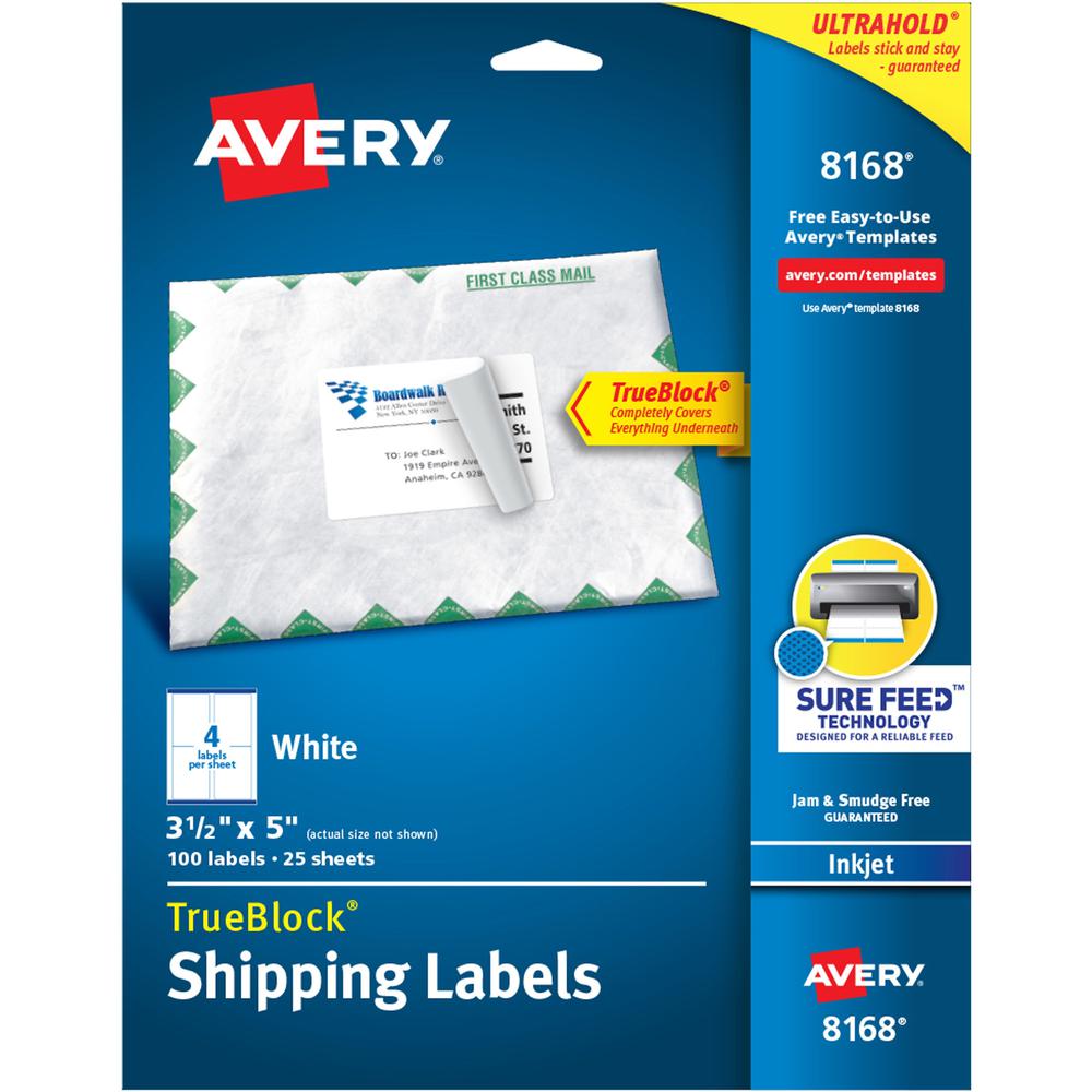 Avery&reg; Shipping Labels, Sure Feed, 3-1/2" x 5" , 100 Labels (8168) - 3 1/2" Width x 5" Length - Permanent Adhesive - Rectangle - Inkjet - White - Paper - 4 / Sheet - 25 Total Sheets - 100 Total La. Picture 1