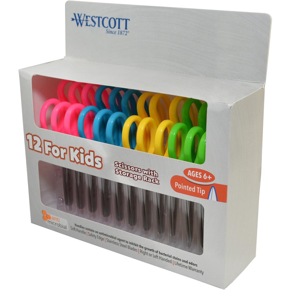 Westcott 5" Antimicrobial Kids Pointed Scissors - 5" Overall Length - Straight-left/right - Stainless Steel - Pointed Tip - Assorted - 12 / Pack. The main picture.