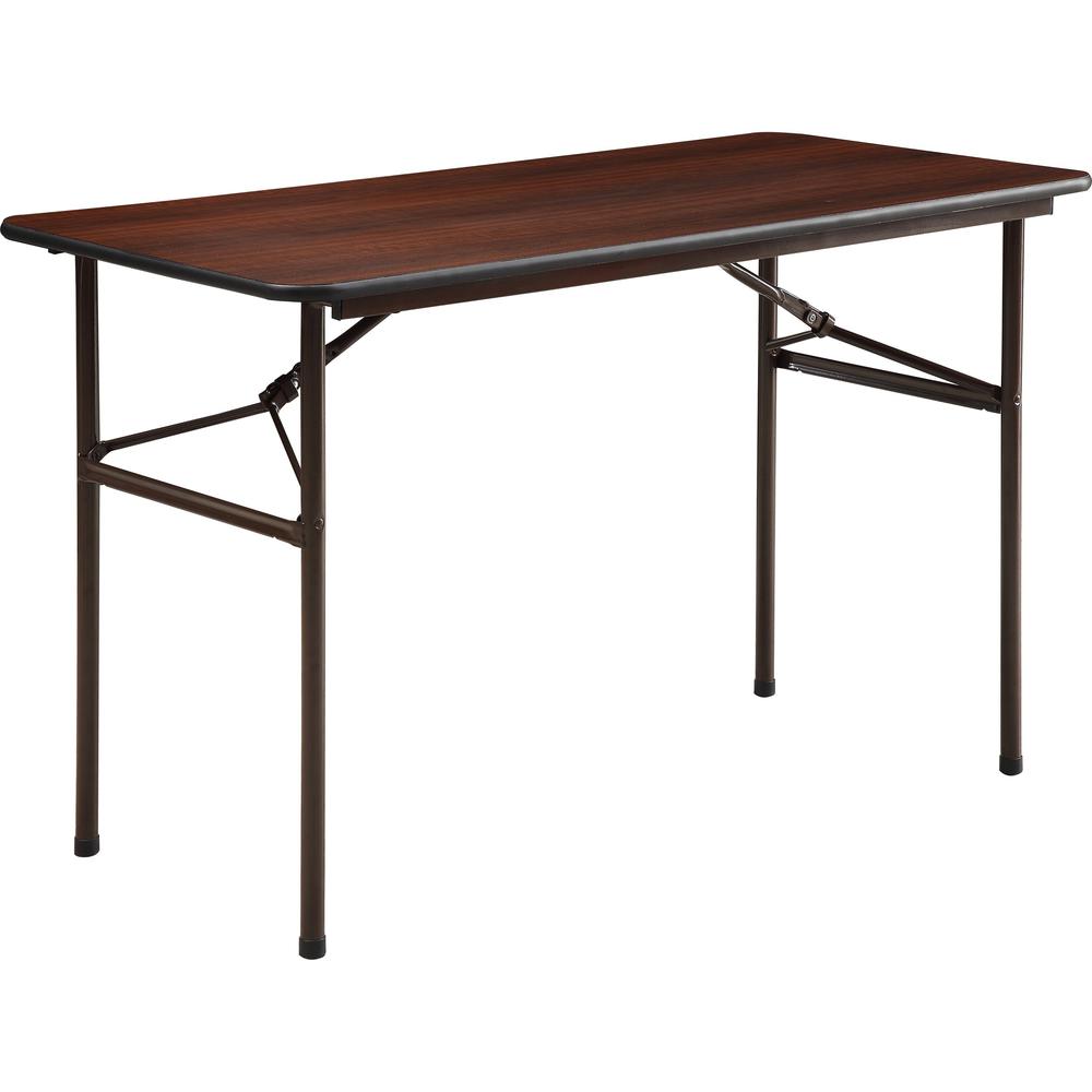 Lorell Economy Folding Table - Melamine Rectangle Top - 500 lb Capacity - 48" Table Top Length x 24" Table Top Width x 0.63" Table Top Thickness - 29" Height - Mahogany - 1 Each. Picture 1