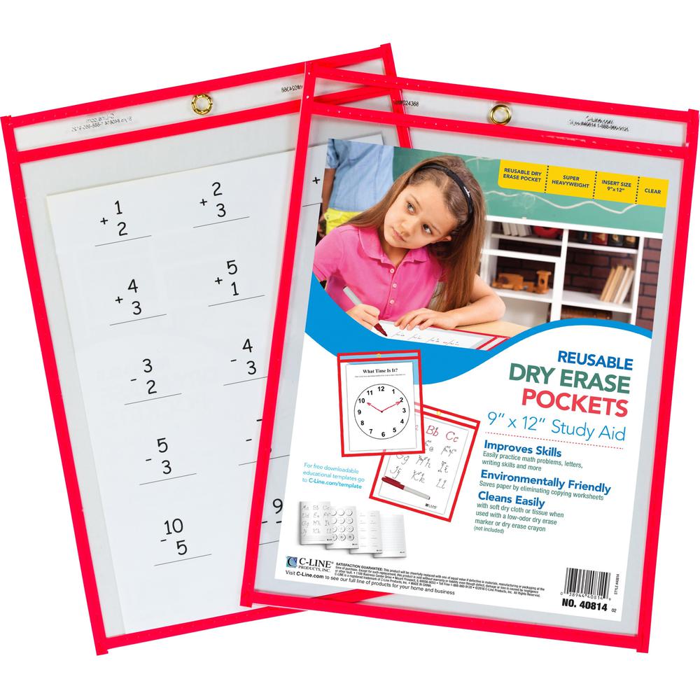 C-Line Reusable Dry Erase Pocket - Study Aid - Neon Red, 9 x 12, 40814. Picture 1