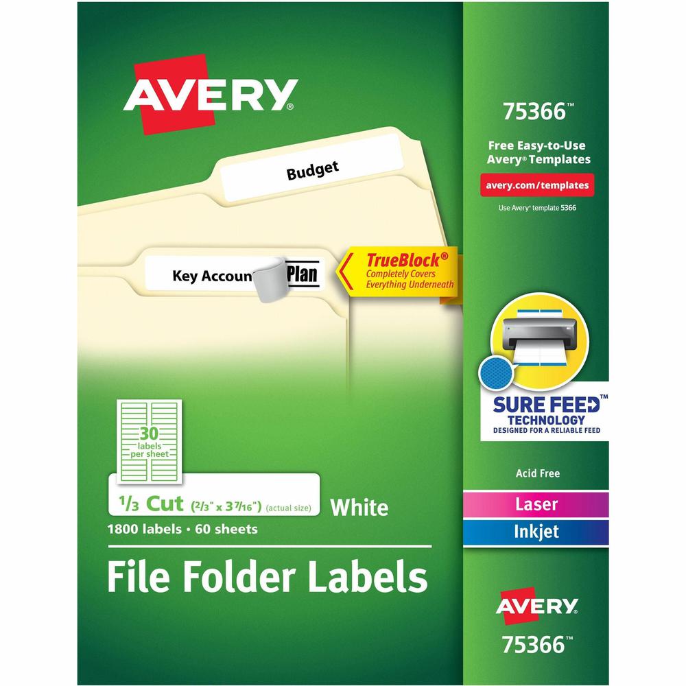 Avery&reg; TrueBlock File Folder Labels - 21/32" Width x 3 7/16" Length - Permanent Adhesive - Rectangle - Laser, Inkjet - White - Paper - 30 / Sheet - 60 Total Sheets - 1800 Total Label(s) - 5. Picture 1