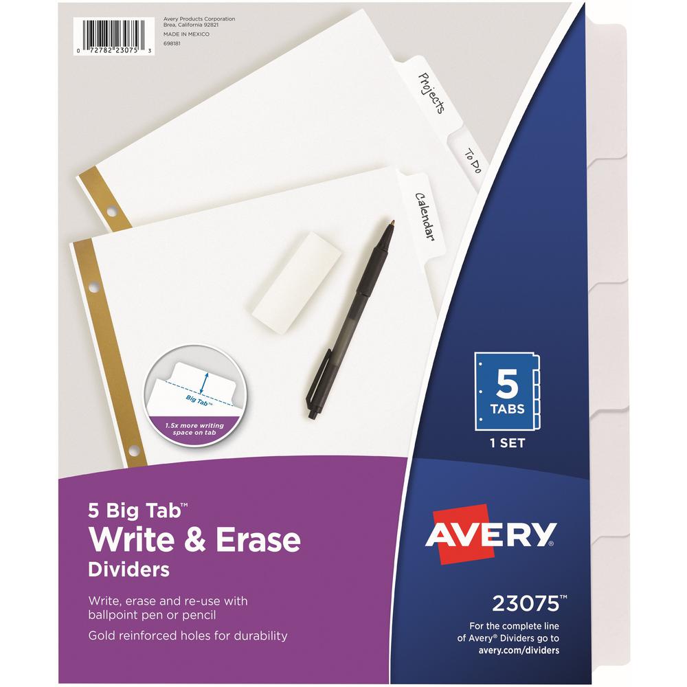 Avery&reg; Big Tab Eraseable Write-On Dividers - 5 x Divider(s) - 5 Write-on Tab(s) - 5 - 5 Tab(s)/Set - 8.5" Divider Width x 11" Divider Length - 3 Hole Punched - White Paper Divider - White Paper Ta. The main picture.