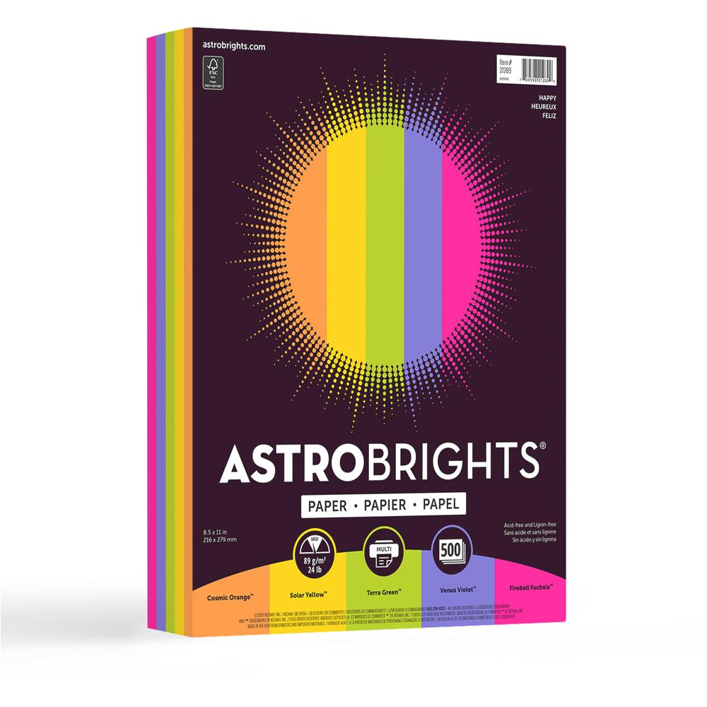 Astrobrights Inkjet, Laser Colored Paper - Cosmic Orange, Solar Yellow, Terra Green, Venus Violet, Fireball Fuschia - Letter - 8 1/2" x 11" - 24 lb Basis Weight - 500 / Ream - FSC. The main picture.