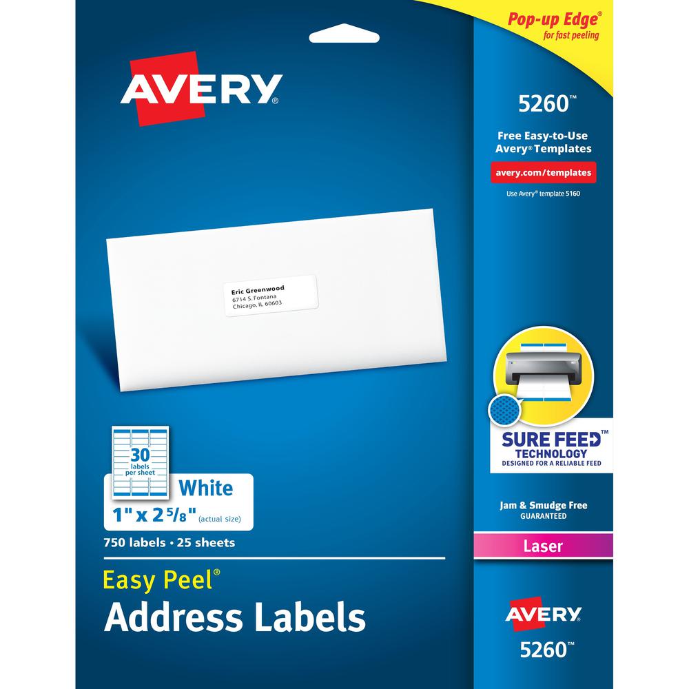 Avery&reg; Easy Peel Address Labels - 1" Width x 2 5/8" Length - Permanent Adhesive - Rectangle - Laser - White - Paper - 30 / Sheet - 25 Total Sheets - 750 Total Label(s) - 750 / Pack. The main picture.