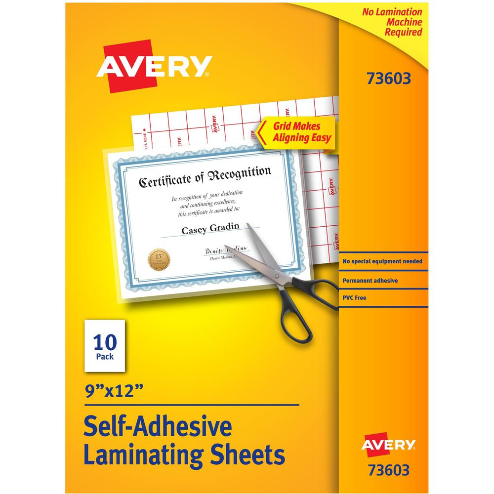 Avery&reg; Self-Adhesive Laminating Sheets - Laminating Pouch/Sheet Size: 9" Width x 12" Length - for Document, Card, Certificate, Artwork - Self-adhesive, Easy to Use, Easy Peel, Non-toxic, Self-seal. Picture 1