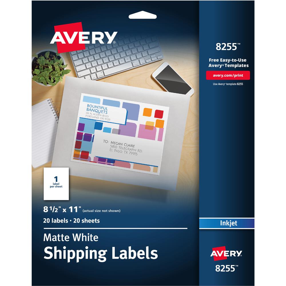 Avery&reg; White Shipping Labels, 8-1/2" x 11" , 20 Labels (8255) - 8 1/2" Width x 11" Length - Permanent Adhesive - Inkjet - White - Paper - 1 / Sheet - 20 Total Sheets - 20 Total Label(s) - 5 - Perm. Picture 1