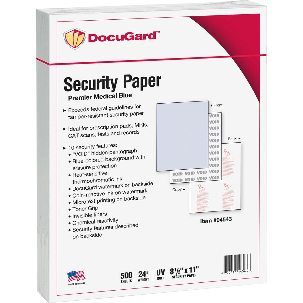 DocuGard Premier Security Paper for Printing Prescriptions & Preventing Fraud, 10 Features - Letter - 8 1/2" x 11" - 24 lb Basis Weight - 500 / Ream - Tamper Resistant, Watermarked, Chemical Reactive,. Picture 1