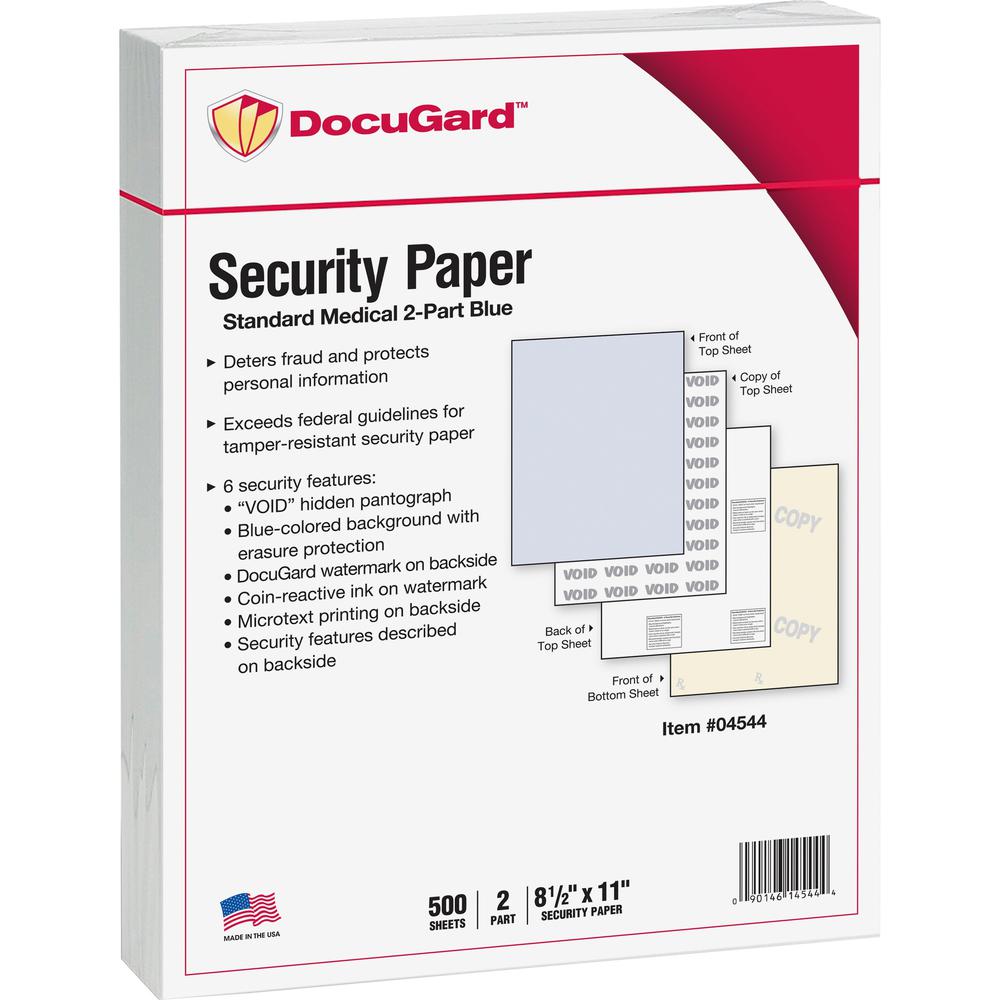 DocuGard Standard 2-part Medical Security Paper - Letter - 8 1/2" x 11" - 24 lb Basis Weight - 250 / Pack - Tamper Resistant, Pantograph, Erasure Protection, Watermarked, Security Features Listing, Co. Picture 1