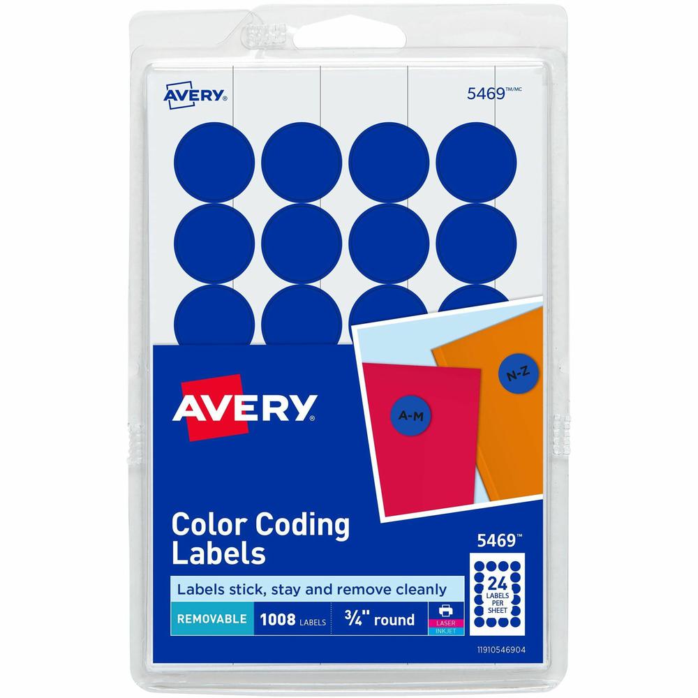 Avery&reg; 3/4" Round Removable Color Coding Labels - 4" Height x 6" Width - 3/4" Diameter - Removable Adhesive - Round - Laser, Inkjet - Dark Blue - Paper - 24 / Sheet - 42 Total Sheets - 1008 Total . Picture 1