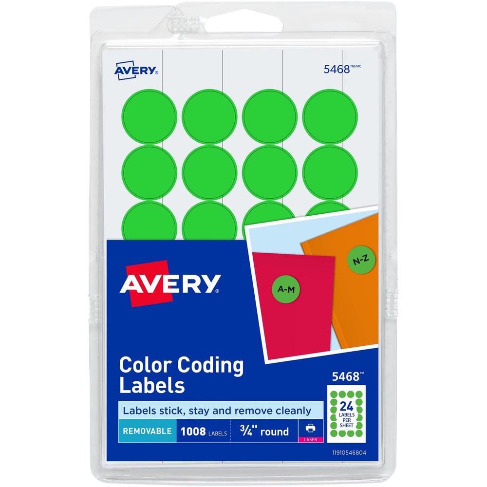 Avery&reg; Removable Color-Coding Labels - - Width3/4" Diameter - Removable Adhesive - Round - Laser - Matte - Neon Green - Paper - 24 / Sheet - 42 Total Sheets - 1008 Total Label(s) - 1008 / Pack. Picture 1