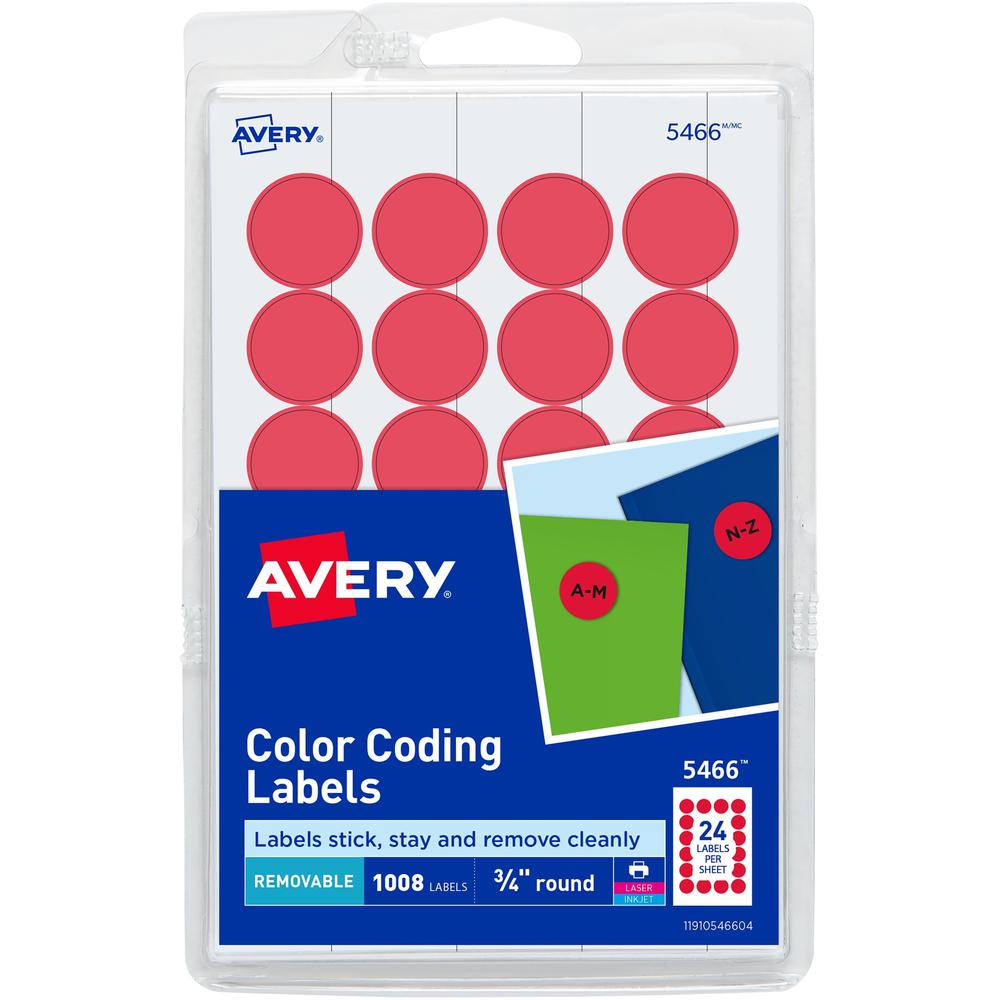 Avery&reg; Color-Coding Labels - - Width3/4" Diameter - Removable Adhesive - Round - Laser, Inkjet - Matte - Red - Paper - 24 / Sheet - 42 Total Sheets - 1008 Total Label(s) - 1008 / Pack. Picture 1