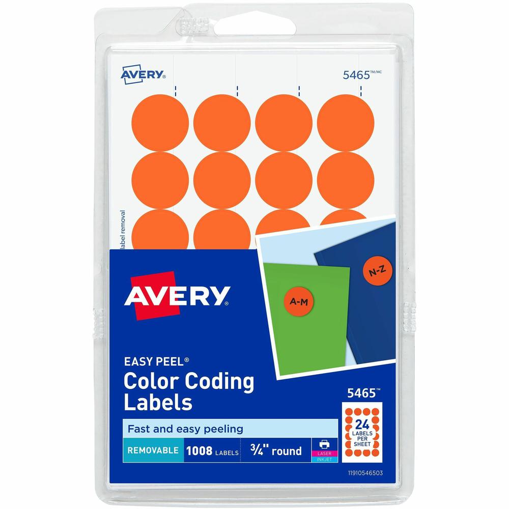 Avery&reg; 3/4" Round Removable Color Coding Labels - 4" Height x 6" Width - 3/4" Diameter - Removable Adhesive - Round - Laser, Inkjet - Orange - Paper - 24 / Sheet - 42 Total Sheets - 1008 Total Lab. Picture 1