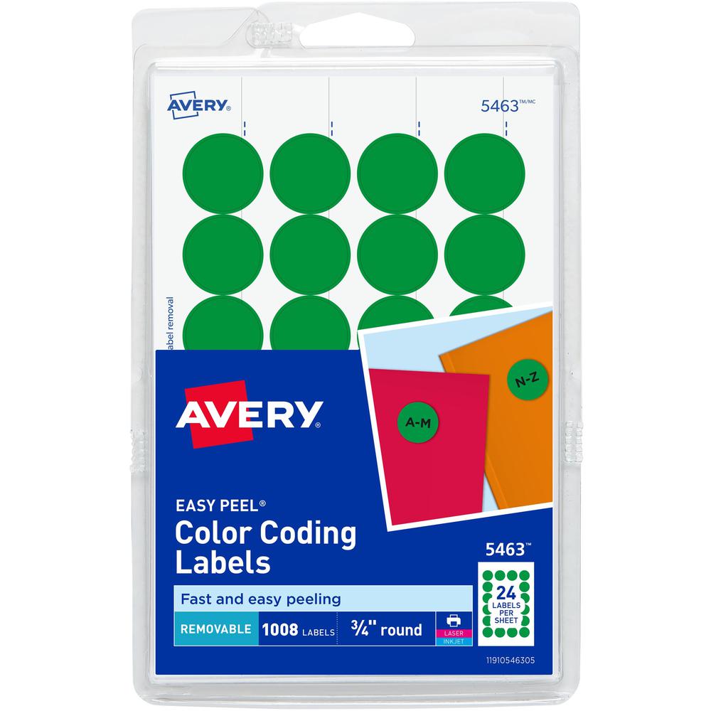 Avery&reg; Color-Coding Labels - - Width3/4" Diameter - Removable Adhesive - Round - Laser, Inkjet - Matte - Green - Paper - 24 / Sheet - 42 Total Sheets - 1008 Total Label(s) - 1008 / Pack. Picture 1