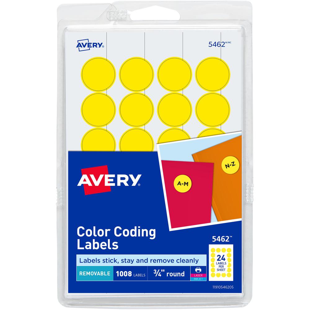 Avery&reg; 3/4" Round Removable Color Coding Labels - - Width3/4" Diameter - Removable Adhesive - Round - Laser, Inkjet - Yellow - Paper - 24 / Sheet - 42 Total Sheets - 1008 Total Label(s) - 1008 / P. Picture 1