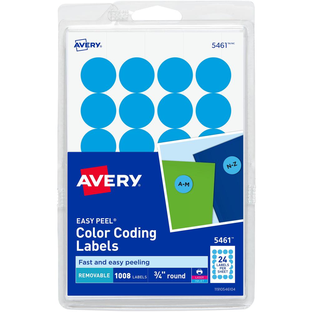 Avery&reg; Removable Color-Coding Labels, 3/4" Diameter, 1,008 Labels (5461) - - Width3/4" Diameter - Removable Adhesive - Round - Laser, Inkjet - Light Blue - Paper - 24 / Sheet - 42 Total Sheets - 1. Picture 1