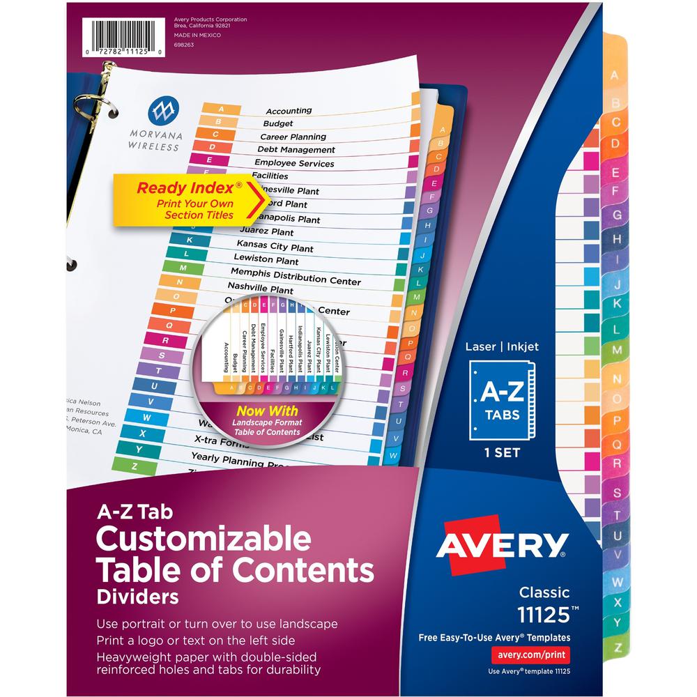 Avery&reg; Ready Index A-Z Table of Contents Dividers - 26 x Divider(s) - A-Z - 26 Tab(s)/Set - 8.5" Divider Width x 11" Divider Length - 3 Hole Punched - White Paper Divider - Multicolor Paper Tab(s). The main picture.