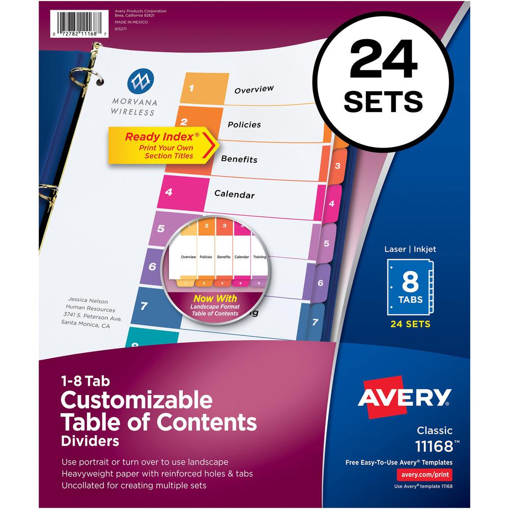 Avery&reg; Ready Index Customizable TOC Dividers - 192 x Divider(s) - 1-8 - 8 Tab(s)/Set - 8.5" Divider Width x 11" Divider Length - 3 Hole Punched - White Paper Divider - Multicolor Paper Tab(s) - 24. Picture 1