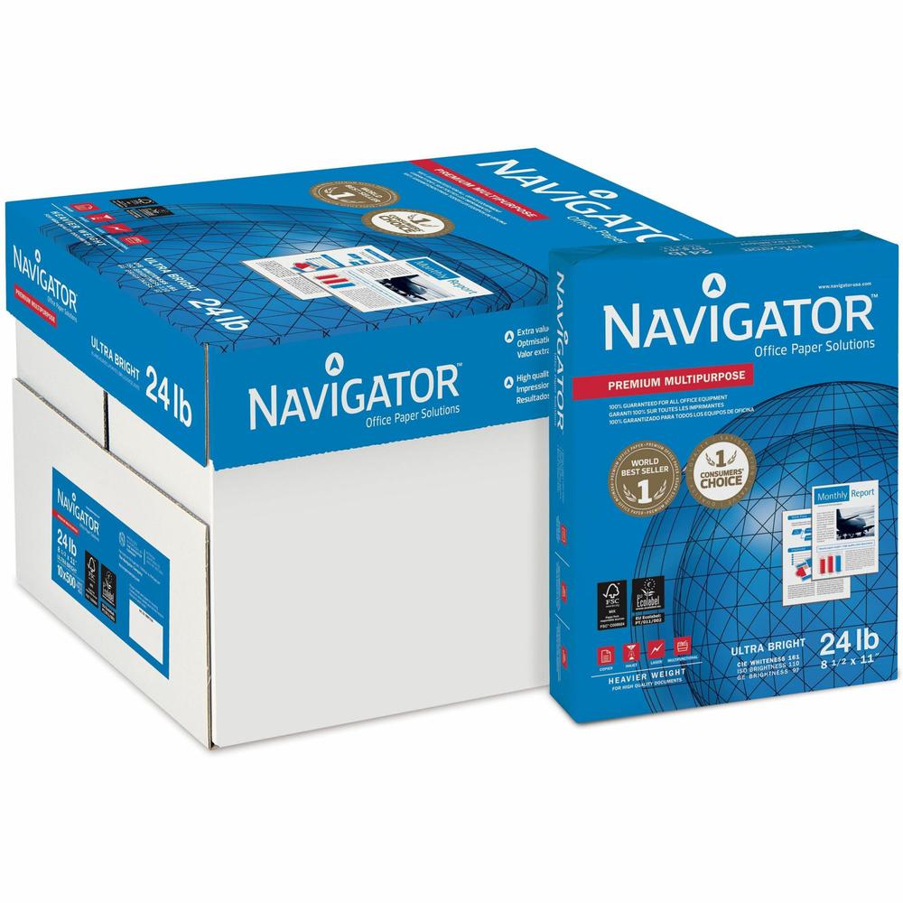 Navigator NMP1124 Inkjet, Laser Copy & Multipurpose Paper - White - 97 Brightness - Letter - 8 1/2" x 11" - 24 lb Basis Weight - 10 / Carton. Picture 1