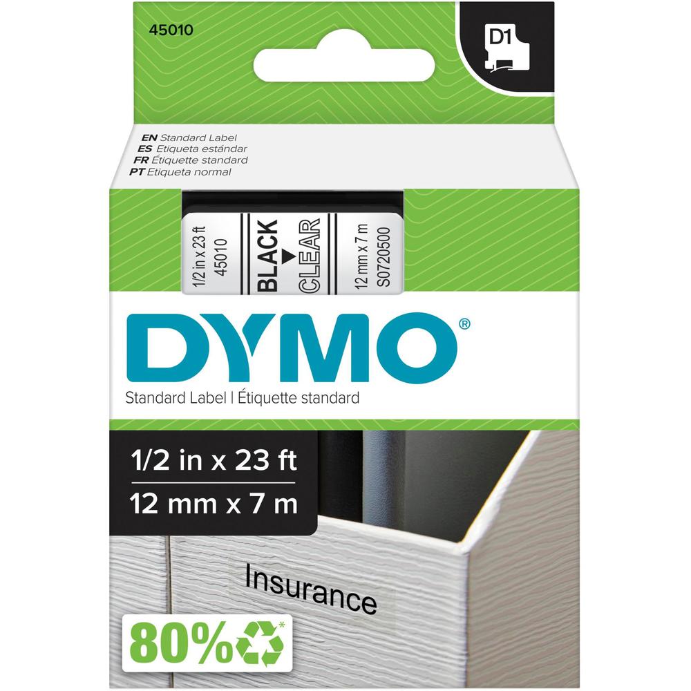 Dymo D1 Electronic Tape Cartridge - 1/2" Width x 23 ft Length - Rectangle - Thermal Transfer - Clear - Polyester - 1 Each - Scratch Resistant, Chemical Resistant. Picture 1