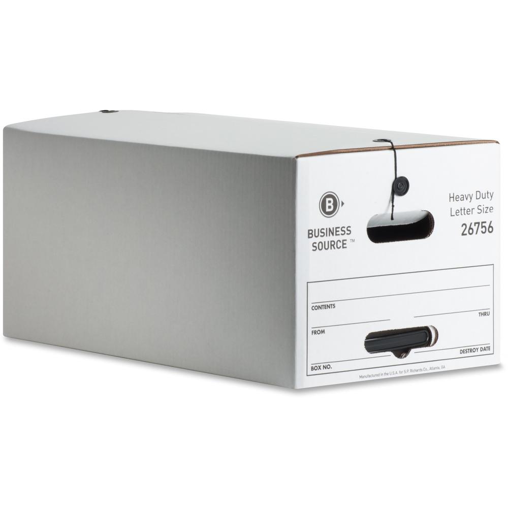 Business Source Heavy Duty Letter Size Storage Box - External Dimensions: 12" Width x 24" Depth x 10"Height - Media Size Supported: Letter - String/Button Tie Closure - Medium Duty - Stackable - White. Picture 1