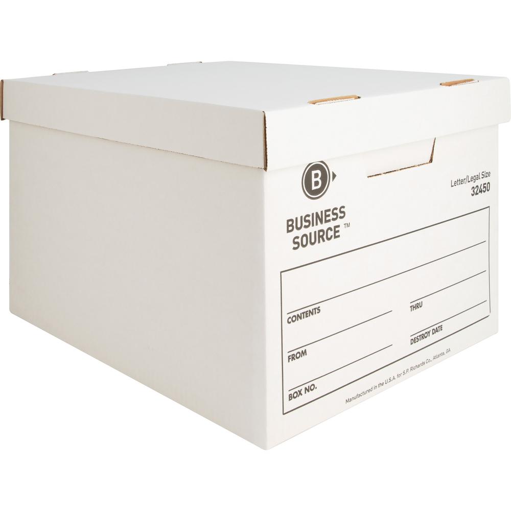 Business Source Quick Setup Medium-Duty Storage Box - External Dimensions: 12" Width x 15" Depth x 10"Height - Media Size Supported: Legal, Letter - Lift-off Closure - Medium Duty - Stackable - White . Picture 1