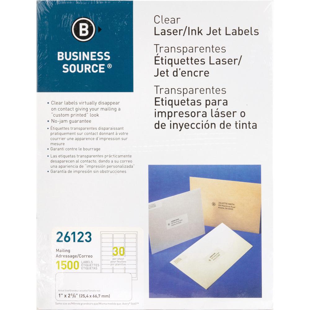 Business Source Mailing Address Labels - 1" Width x 2 3/4" Length - Permanent Adhesive - Rectangle - Laser - Clear - 30 / Sheet - 1500 / Pack - Self-adhesive. Picture 1