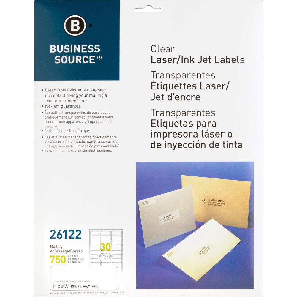 Business Source Mailing Address Labels - 1" Width x 2 3/4" Length - Permanent Adhesive - Rectangle - Laser - Clear - 30 / Sheet - 750 / Pack - Self-adhesive. Picture 1