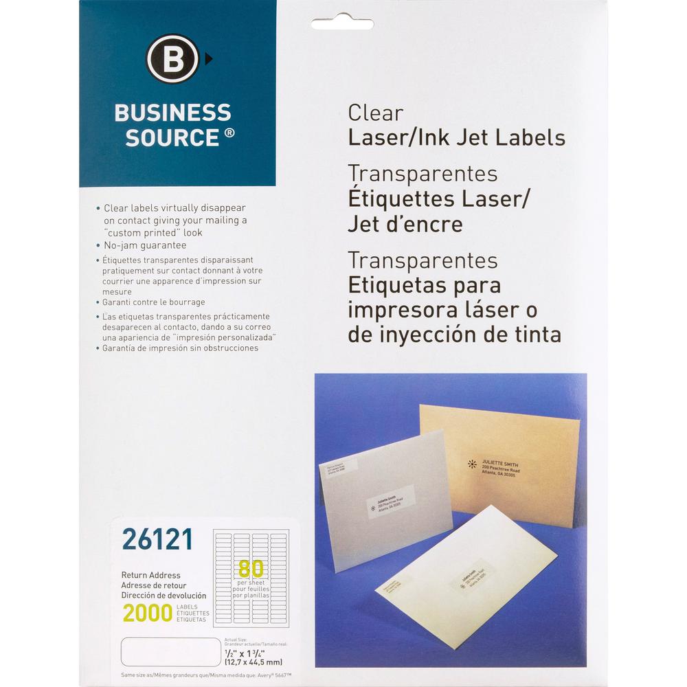 Business Source Clear Return Address Laser Labels - 1/2" Height x 1 3/4" Width - Permanent Adhesive - Rectangle - Laser - Clear - 80 / Sheet - 2000 / Pack - Self-adhesive. Picture 1