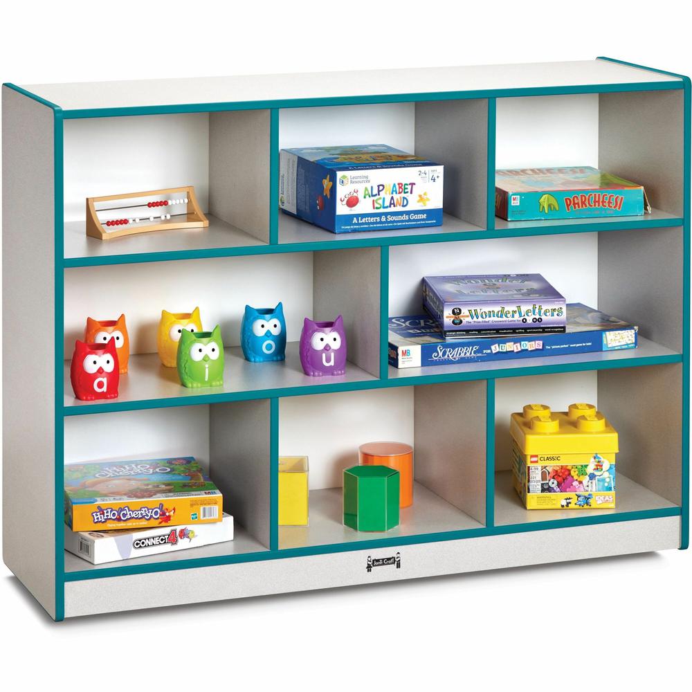 Jonti-Craft Rainbow Accents Super-size Mobile Storage - 35.5" Height x 48" Width x 15" DepthFloor - Laminated, Durable, Kick Plate, Built-in Wheels - Teal - Hard Rubber - 1 Each. Picture 1