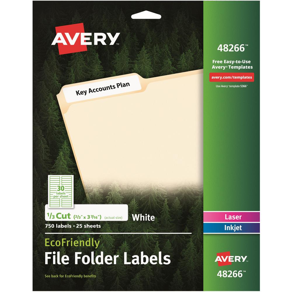 Avery&reg; EcoFriendly File Folder Label - 21/32" Width x 3 7/16" Length - Permanent Adhesive - Rectangle - Laser, Inkjet - White - Paper - 30 / Sheet - 25 Total Sheets - 750 Total Label(s) - 750 / Pa. Picture 1