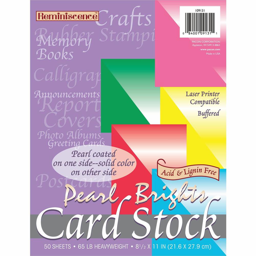 Pacon Pearl Cardstock - Assorted Bright - Letter - 8 1/2" x 11" - 65 lb Basis Weight - Pearl Brights - 1 / Pack - Acid-free, Lignin-free, Heavyweight, Archival-safe - Rojo Red, Hyper Pink, Lemon Yello. Picture 1