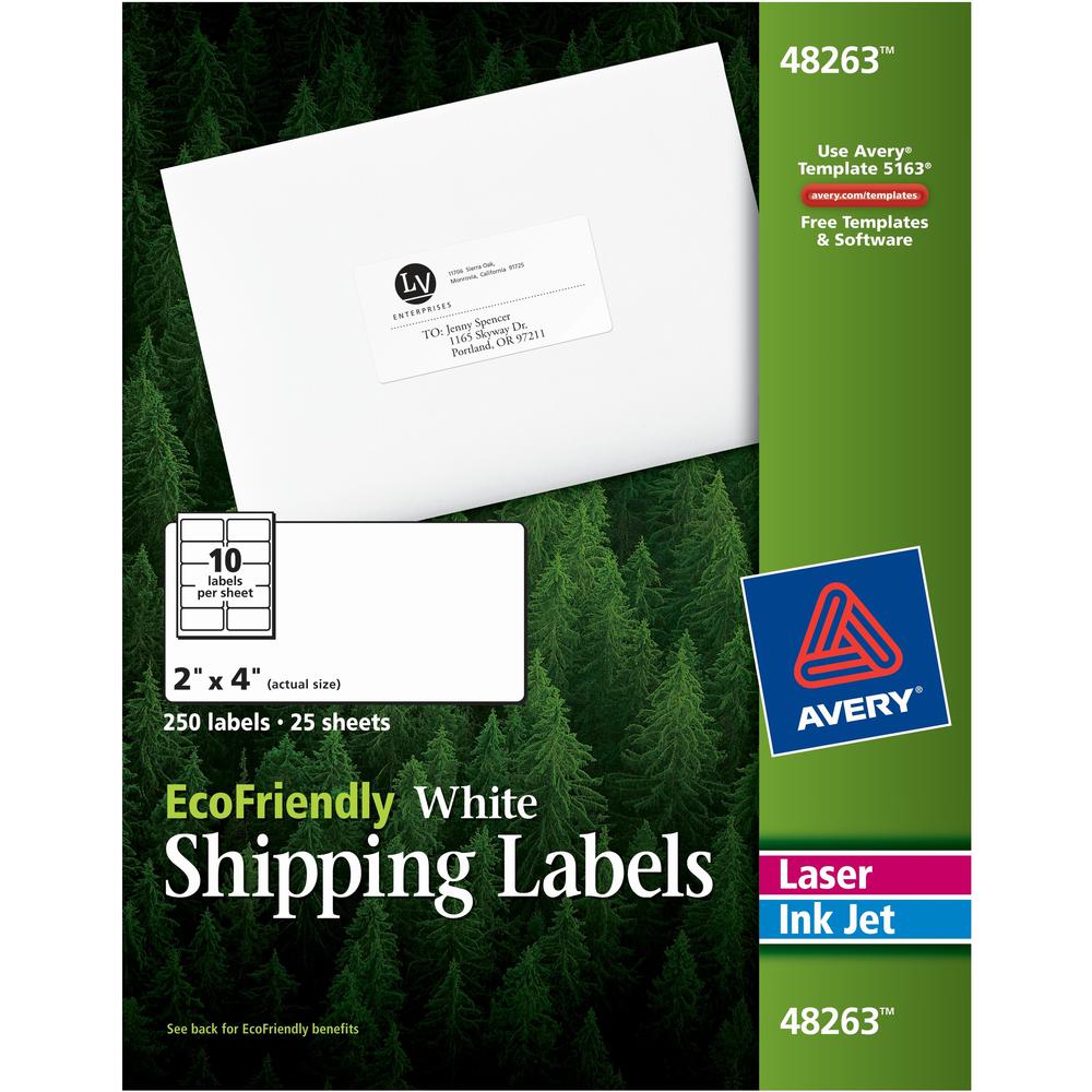 Avery&reg; EcoFriendly Shipping Label - 2" Width x 4" Length - Permanent Adhesive - Rectangle - Laser, Inkjet - White - Paper - 10 / Sheet - 25 Total Sheets - 250 Total Label(s) - 5 - Recyclable, PVC-. Picture 1