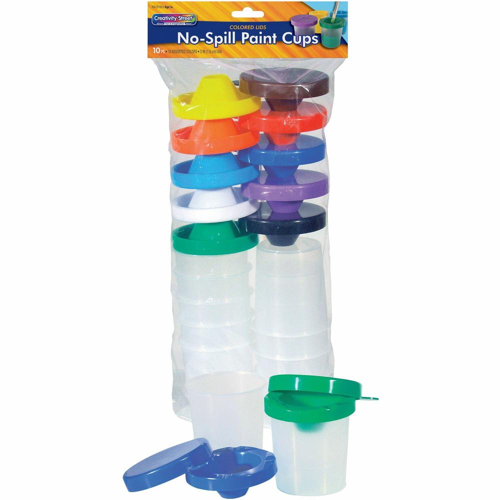 Pacon&reg; Creativity Street No-Spill Round Paint Cups With Colored Lids - 10 / Set - Assorted. Picture 1