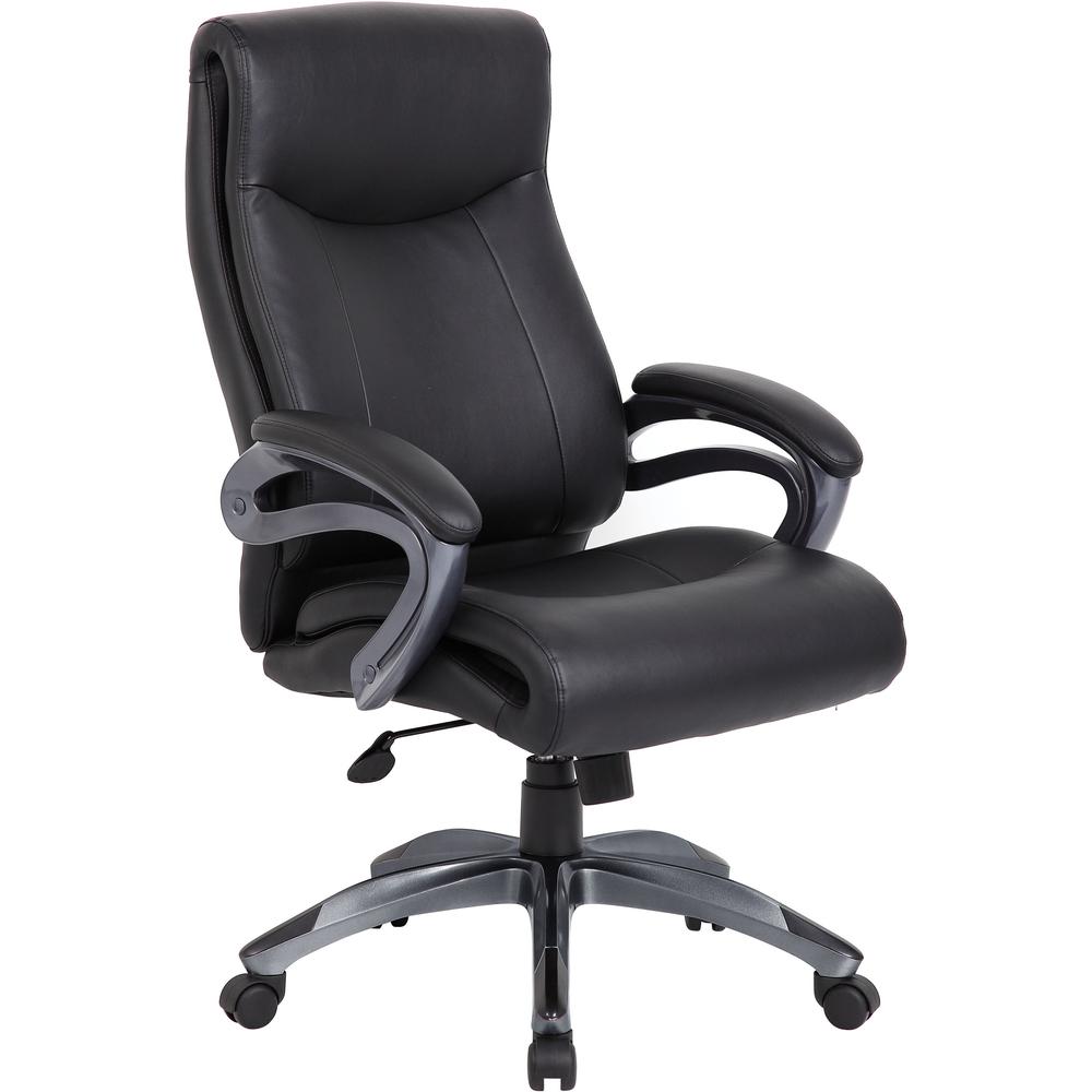 Lorell Executive High-Back Chair with Gun Metal Base - Black Leather Seat - 5-star Base - 1 Each. Picture 1